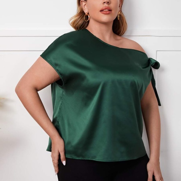Green Off Shoulder Tie Satin Top - Picture 8 of 8